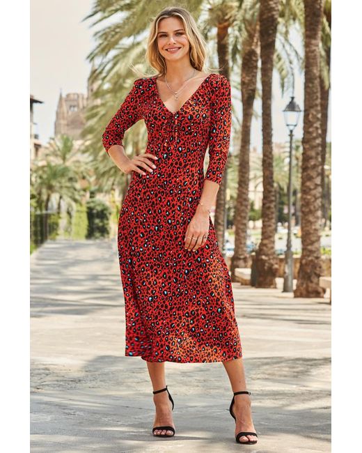 Sosandar Red Print Ruched Detail Midi Dress