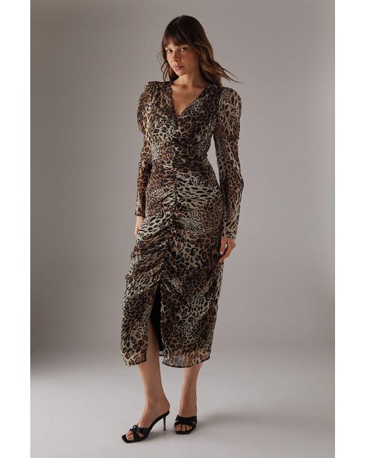 Warehouse Brown Chiffon Ruched Plunge Button Front Midi Dress