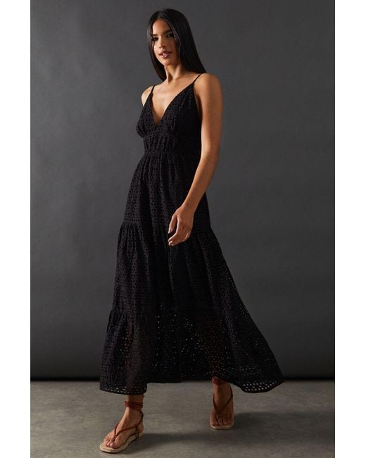 Warehouse Black Broderie Strappy Midi Sundress