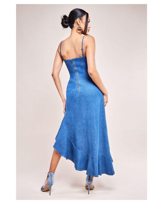 Goddiva Blue Denim Asymmetric Frill Maxi Dress