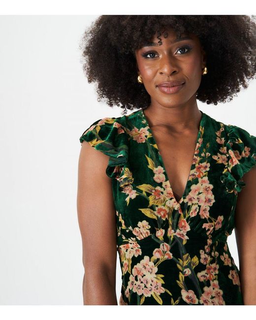 Gini London Green Floral Devore Ruffle Midaxi Dress