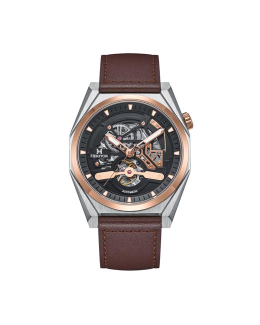 Heritor Pink Amadeus Semi-Skeleton Leather-Band Watch for men