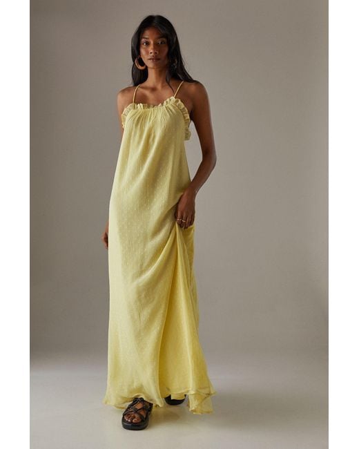 Warehouse Natural Marble Dobby Chiffon Halter Ruffle Maxi Dress