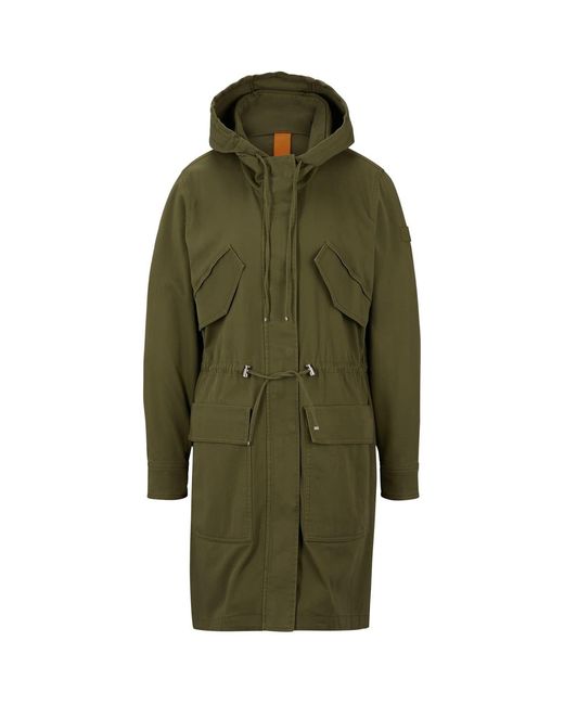 Boss Green Solid Patterned Hooded Drawstring Trench Coat