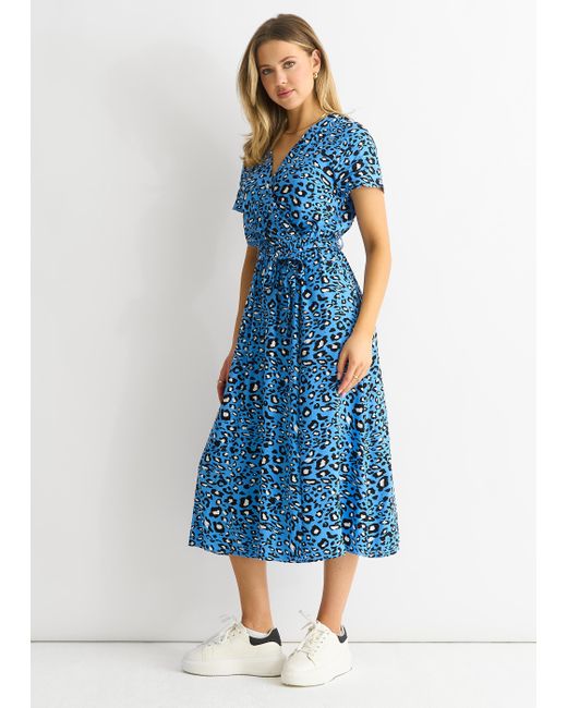Gini London Blue Short Sleeve Animal Print Wrap Front Midi Dress
