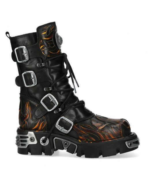New Rock Black M-591-C58 Mid-Calf High Flame Leather Metallic Gothic Boots