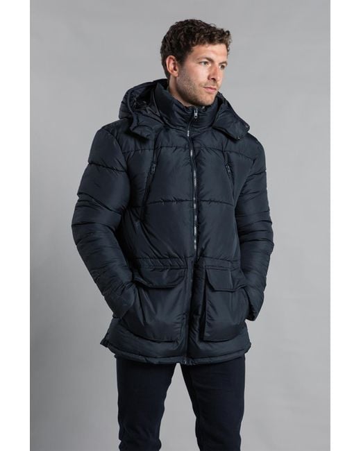 French Connection Blue Hooded Padded Parka Longline Jacket for men