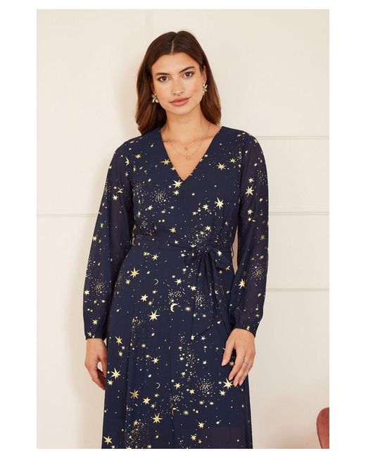 Mela London Blue Foil Star Print Long Sleeve Midi Dress