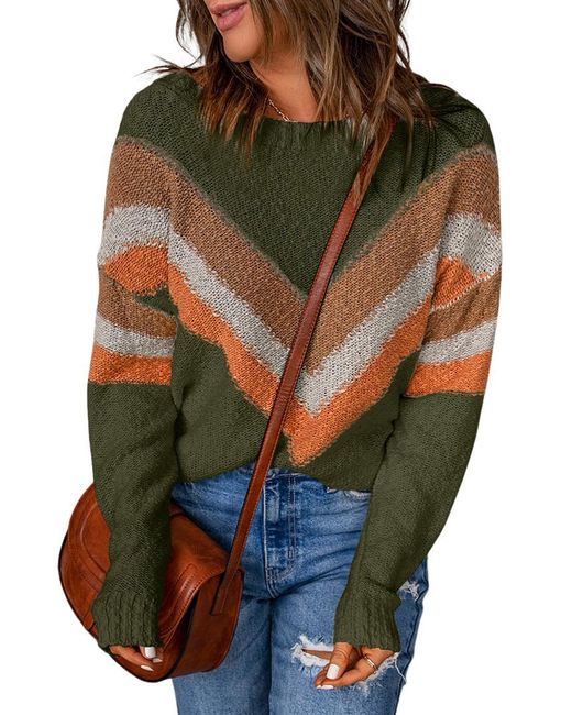Azura Exchange Multicolor Chevron Gestreepte Drop Shoulder Sweater in het Green