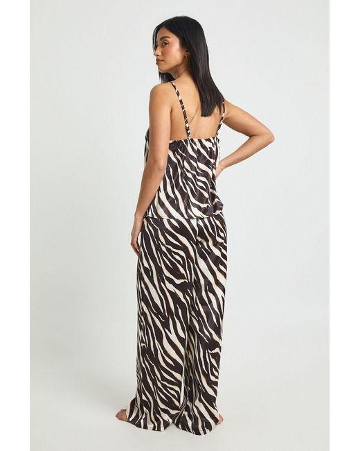Boohoo White Petite Zebra Print Satin Cami & Wide Leg Trouser Pyjama Set