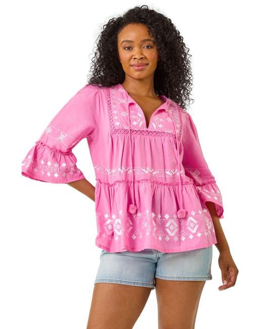 Roman Pink Petite Contrast Print Pom Pom Top