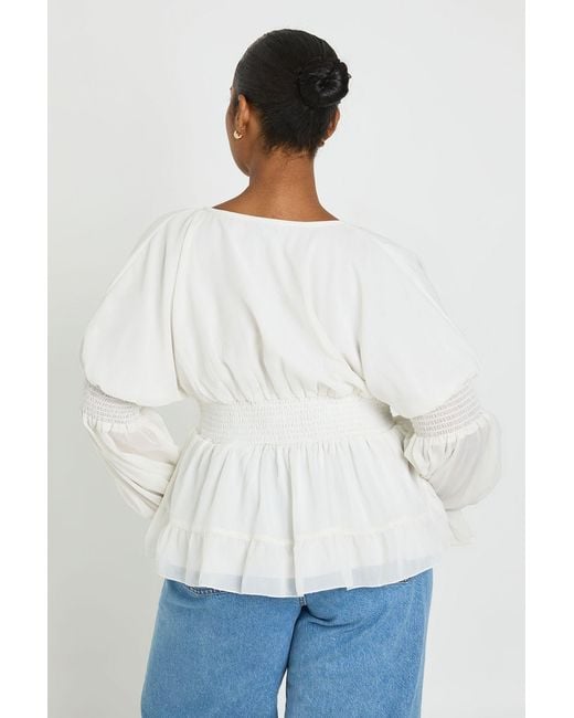 Boohoo White Plus V Neck Blouson Sleeve Volume Smock Top