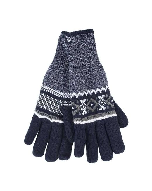 Heat Holders Blue Striped Nordic Fairisle Zig Zag Knitted Fleece Lined Warm Gloves for men