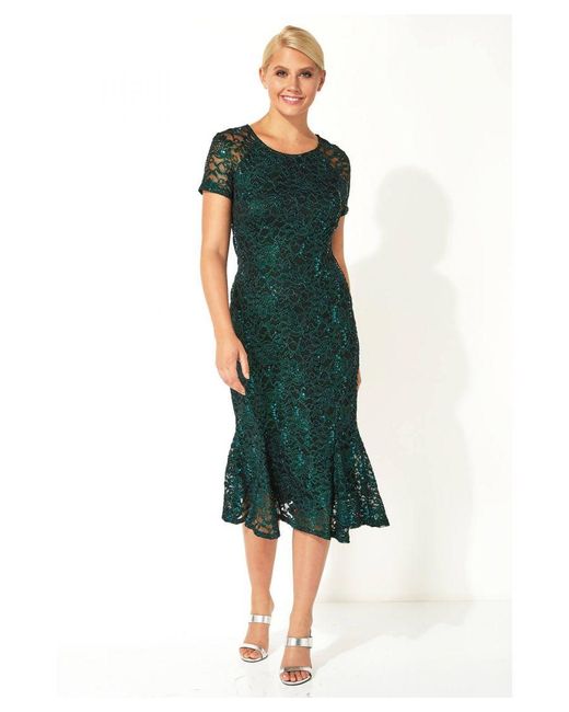 Roman Green Metallic Lace Sequin Midi Dress