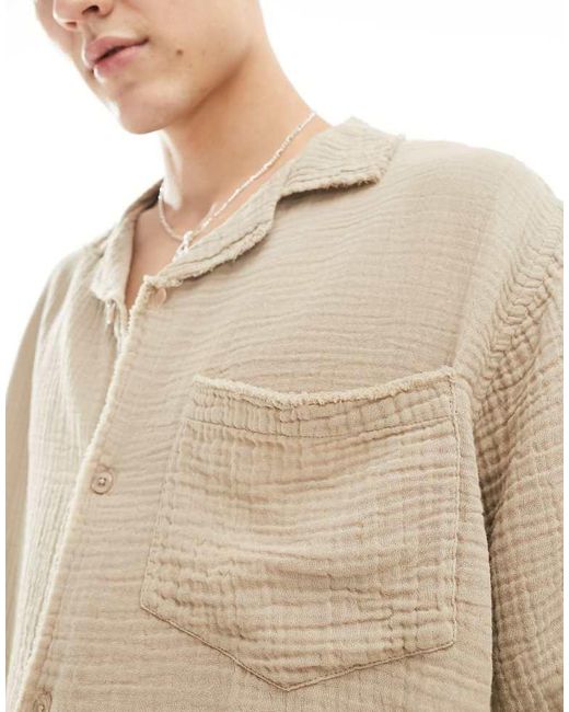 Collusion Blue Textured Oversized Revere Short Sleeve Shirt With Raw Seam Detail for men