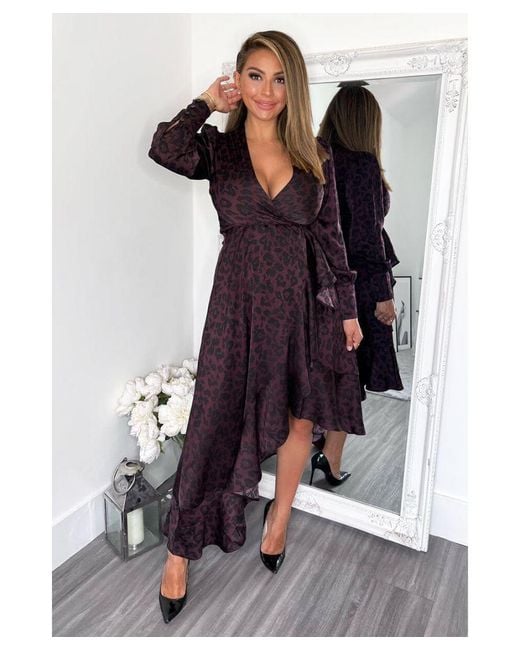 AX Paris Purple Plum Animal Print Long Sleeve Wrap Over Frill Hem Midi Dress