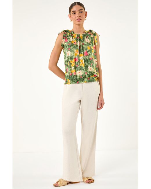 Roman Green Floral Print Bow Detail Top