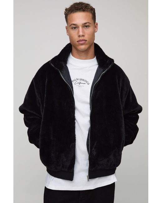 BoohooMAN Black Tall Regular Fit Faux Fur Funnel Neck Bomber Jacket for men
