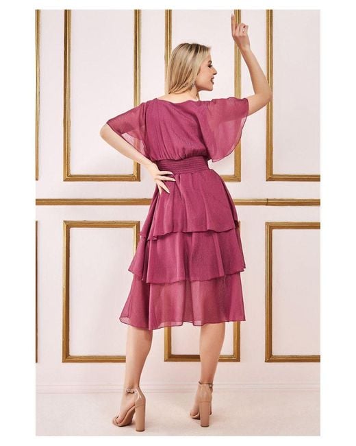 Goddiva Pink Chiffon Layered Flutter Sleeve Midi Dress