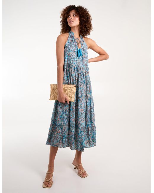 Blue Vanilla Blue Art Silk Tie Neck Smock Maxi