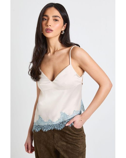 Boohoo White Satin Tie Back Contrast Lace Cami Top