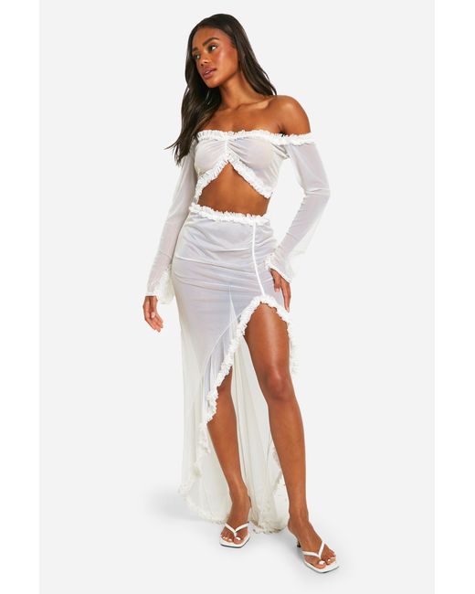 Boohoo White Ruffle Mesh Maxi Skirt
