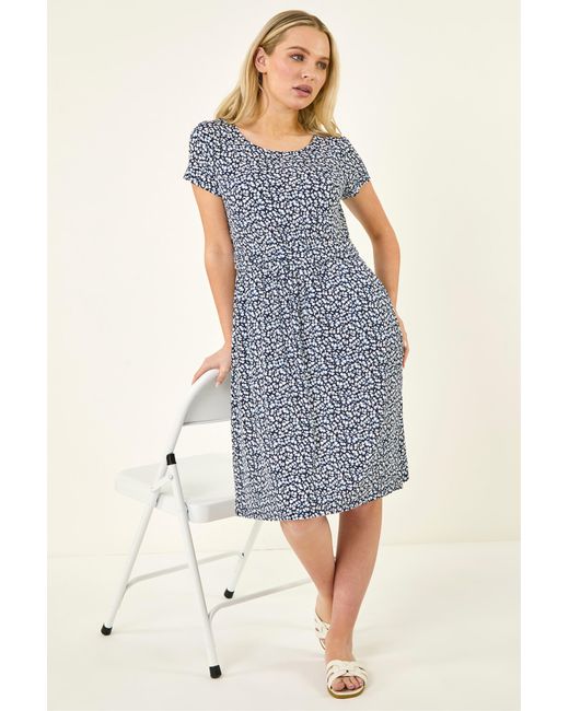 Roman Blue Petite Floral A-Line Stretch Dress