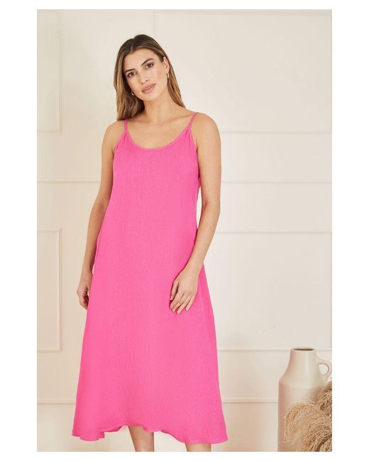 Yumi' Pink Italian Linen Relaxed Fit Midi Sundress