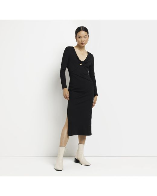 River Island Black Ribbed Bodycon Midi Dress