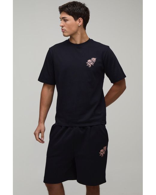 BoohooMAN Blue Regular Fit Rose Embroidered T-Shirt & Fit Short Set for men
