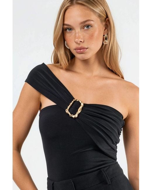Hiccup Black One-Shoulder Buckled Knit Blouse