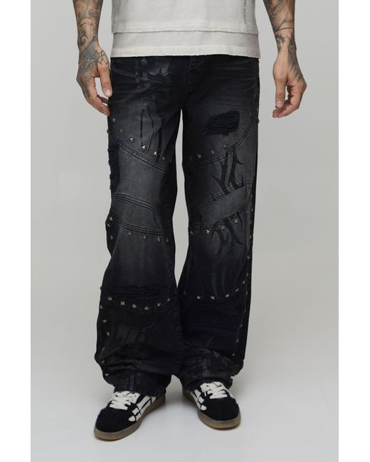 BoohooMAN Black Tall Relaxed Studded Jeans for men