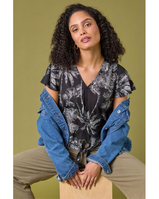 Roman Blue Palm Tree Print Tie Front Top