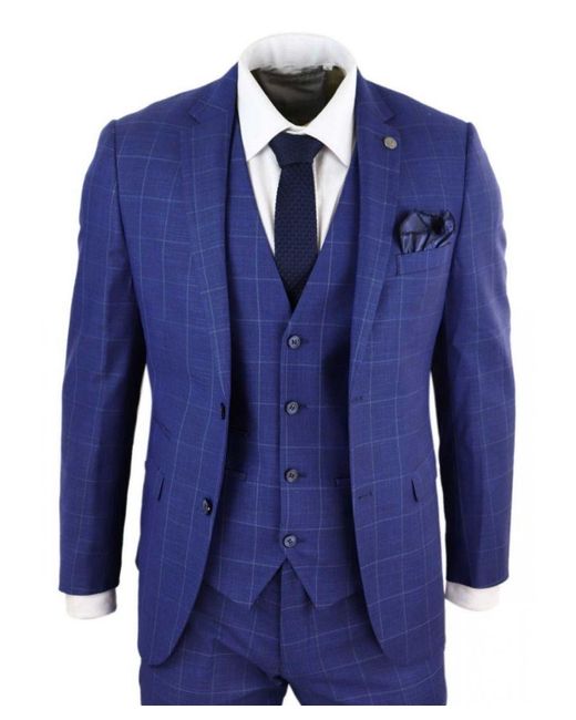 Paul Andrew Blue 3 Piece Royal Check Vintage Retro Suit for men