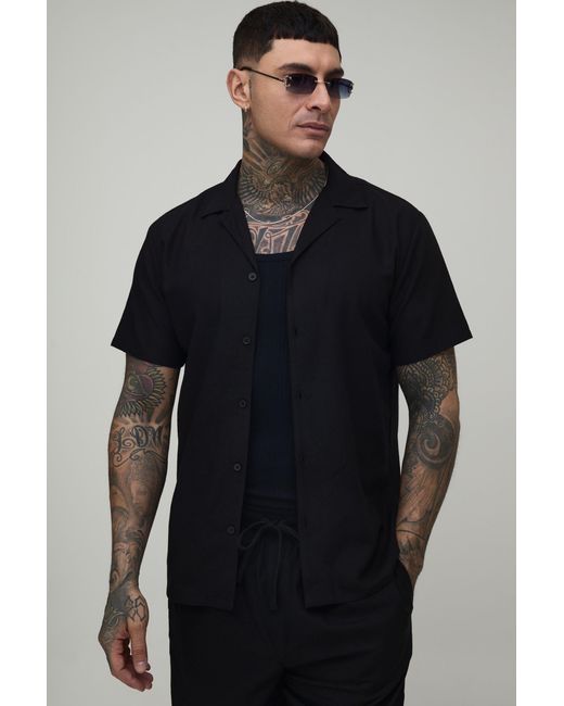 BoohooMAN Blue Tall Regular Short Sleeve Linen Blend Shirt for men