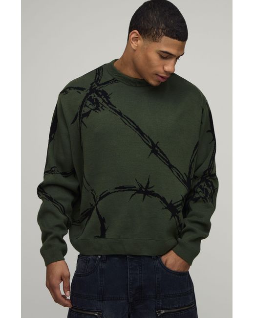 BoohooMAN Green Oversized Boxy Barbed Wire Jacquard Knitted Jumper for men