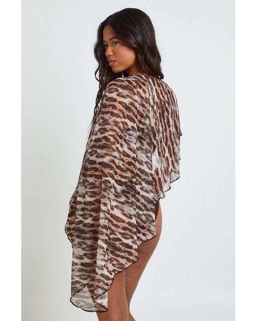 Boohoo Brown Print Sheer Mesh Cape Beach Top