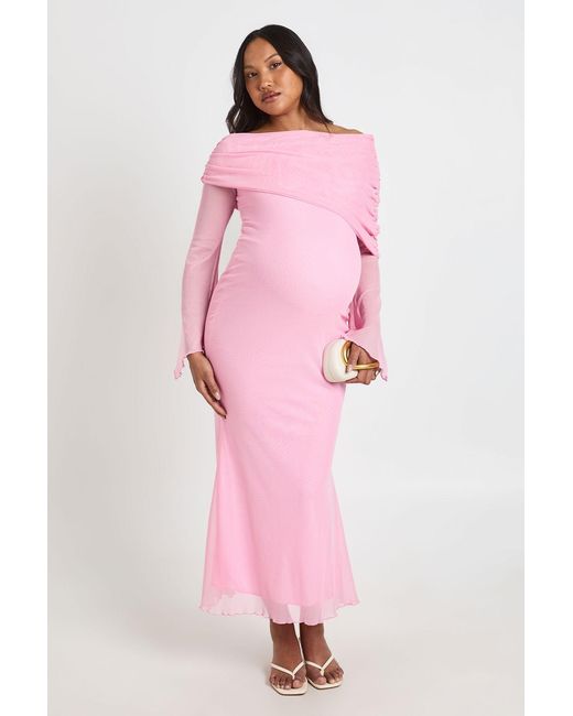 Boohoo Pink Maternity Mesh Bardot Maxi Dress