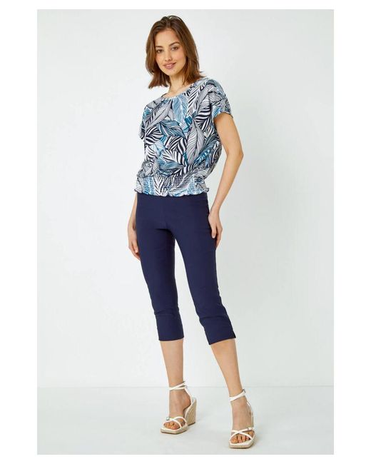 Roman Blue Metallic Leaf Print Stretch Top