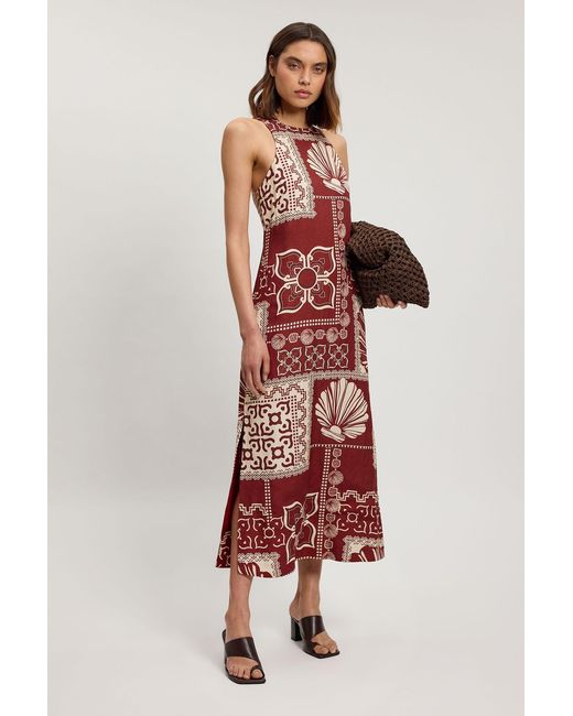 Karen Millen Red Petite Linen Viscose Tile Print Woven Midi Dress