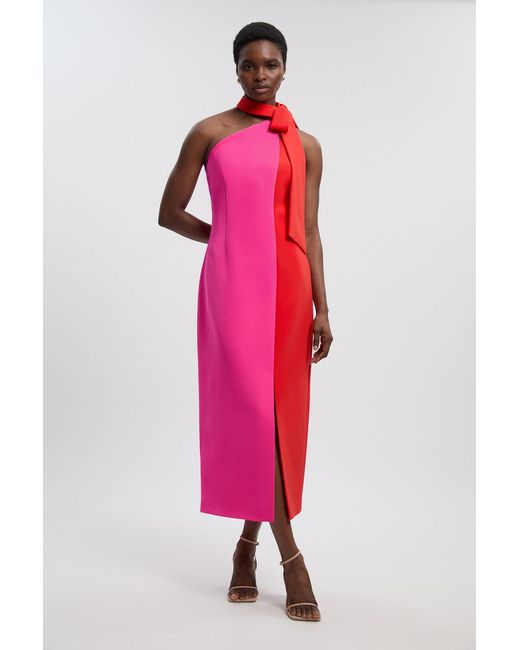 Karen Millen Pink Petite Soft Tailored Colour Block Bow Midi Dress