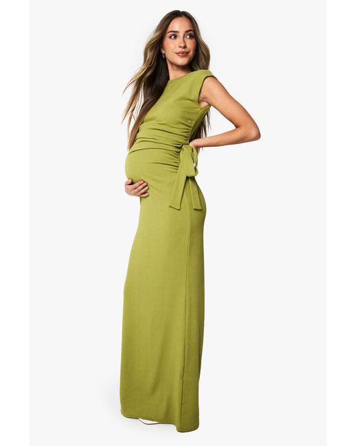 Boohoo Green Maternity Rib Tie Detail Maxi Dress