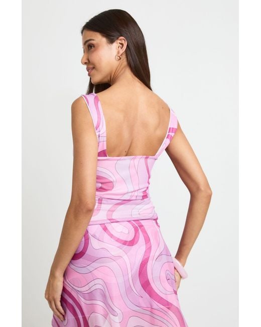 Boohoo Pink Mesh Abstract Print Ruched Top
