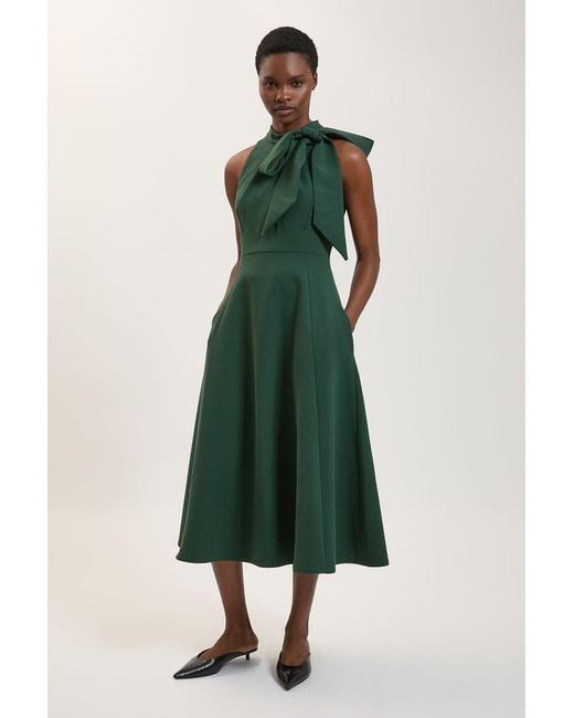 Karen Millen Green Compact Stretch Bow Tie Neck Full Skirted Midi Dress