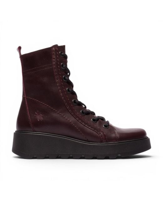 Fly London Brown Leather Lace-Up Wedge Heel Combat Boots