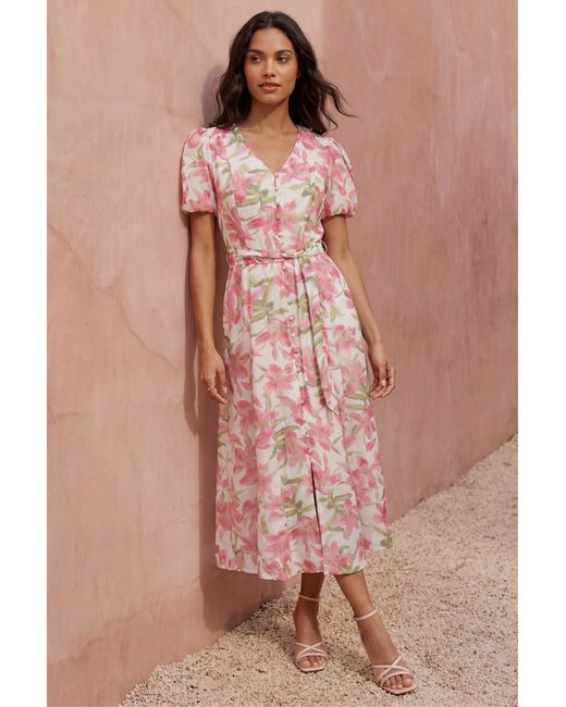 Roman Pink Floral Print Puff Sleeve Midi Dress