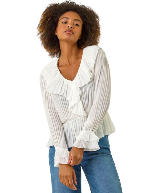 Roman White Frill Pleated Peplum Blouse