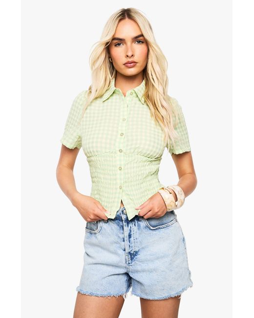Boohoo White Gingham Shirred Waist Shirt