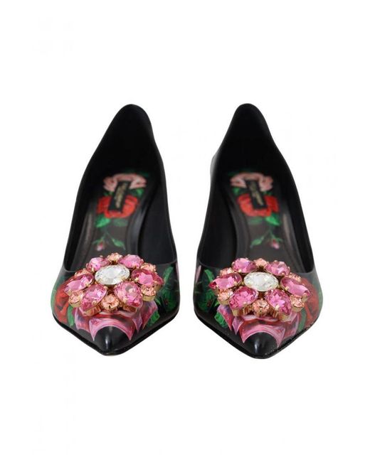 Dolce & Gabbana Black Floral Print Crystal Heels Pumps Shoes Leather