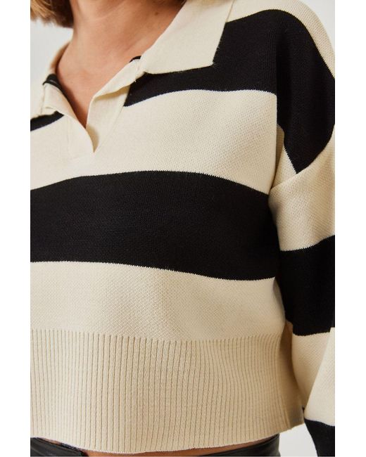 Bianco Lucci Black Striped Polo Collar Ribbed Crop Sweater